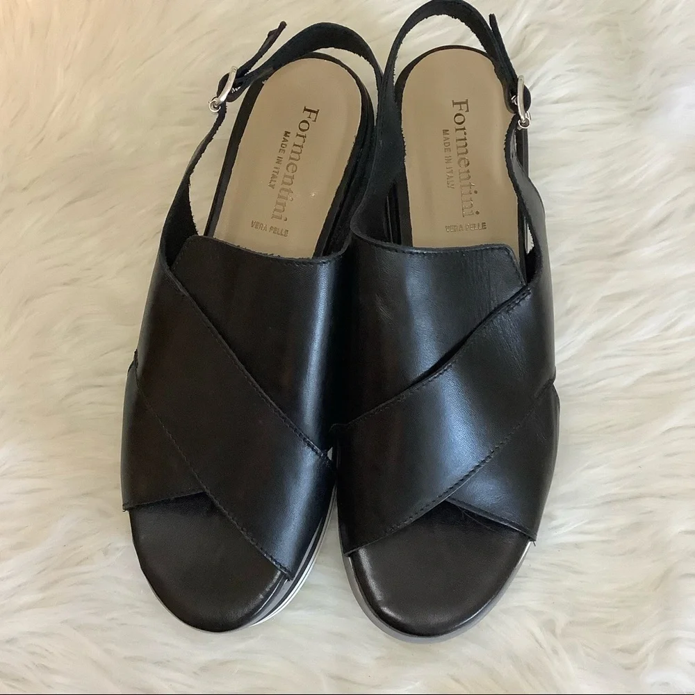Formentini Black Leather Wedge Sandals Sz-10